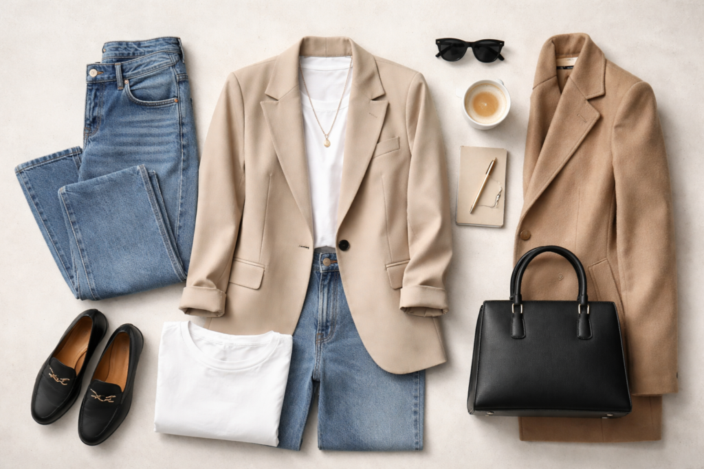 Cost-per-wear fashion concept flat lay with neutral wardrobe basics including blazer, jeans, white t-shirt and structured bag.