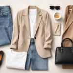 Cost-per-wear fashion concept flat lay with neutral wardrobe basics including blazer, jeans, white t-shirt and structured bag.