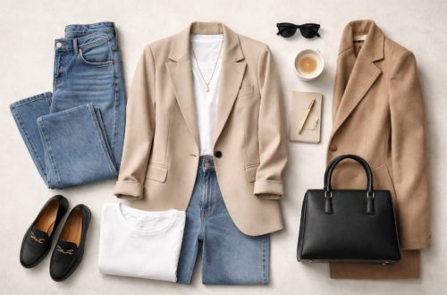 Cost-per-wear fashion concept flat lay with neutral wardrobe basics including blazer, jeans, white t-shirt and structured bag.