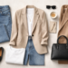 Cost-per-wear fashion concept flat lay with neutral wardrobe basics including blazer, jeans, white t-shirt and structured bag.