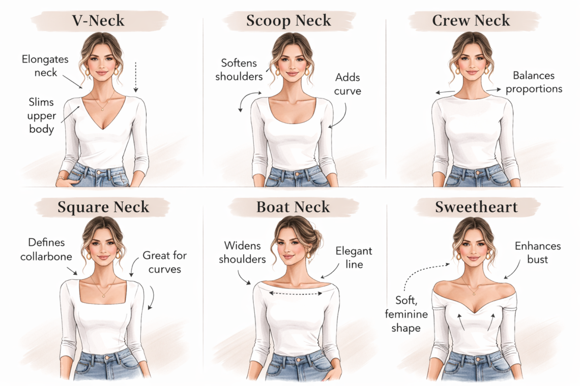 Comparison of different necklines for women including V-neck, scoop neck, crew neck, square neck, boat neck and sweetheart neckline on the same model for body shape styling reference.