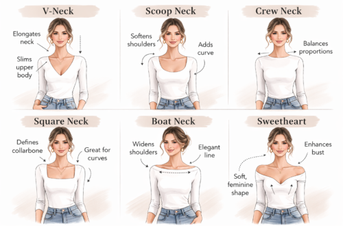 Comparison of different necklines for women including V-neck, scoop neck, crew neck, square neck, boat neck and sweetheart neckline on the same model for body shape styling reference.