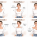 Comparison of different necklines for women including V-neck, scoop neck, crew neck, square neck, boat neck and sweetheart neckline on the same model for body shape styling reference.