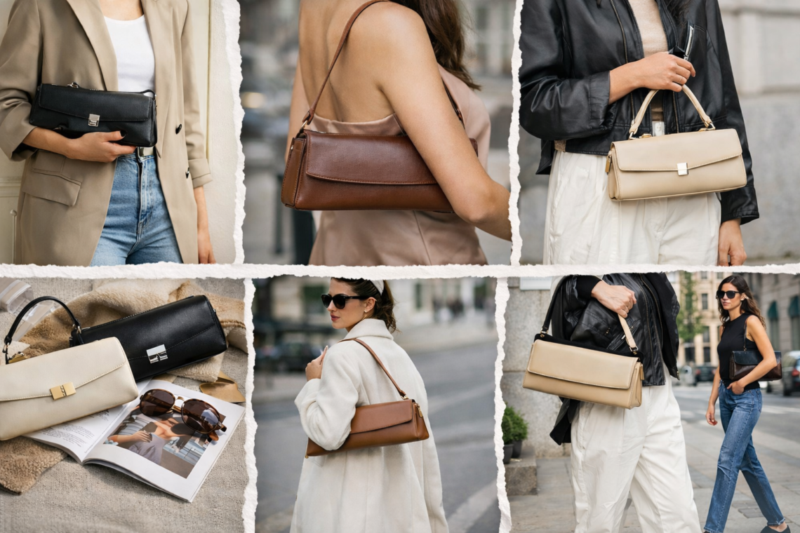Collage of women styling east-west handbags showing the elongated horizontal silhouette of the trending shoulder bag style.