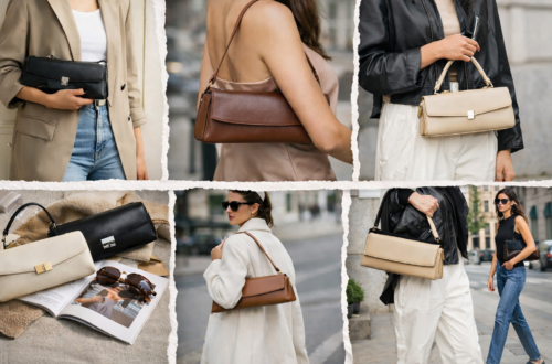Collage of women styling east-west handbags showing the elongated horizontal silhouette of the trending shoulder bag style.