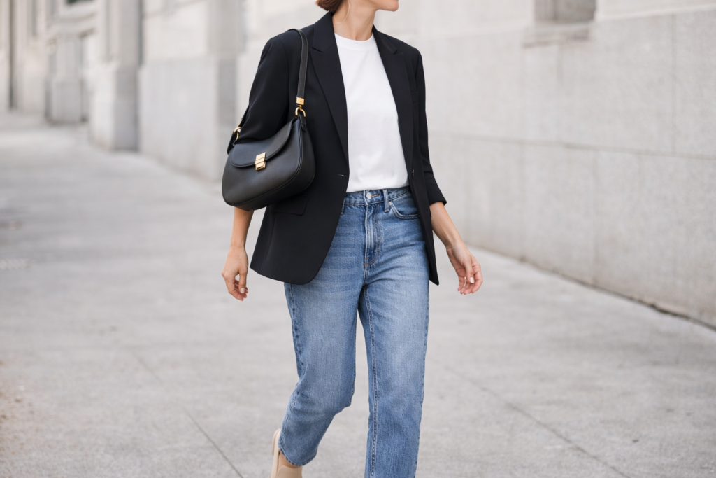 Effortless everyday outfit using neutral basics styled in a relaxed but polished way for daily wear.