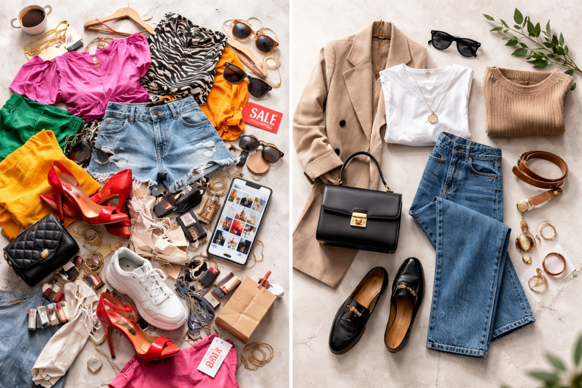 Split flat lay image showing fast fashion vs minimal wardrobe, with colourful trend-driven clothing clutter on one side and neutral capsule wardrobe essentials neatly arranged on the other.