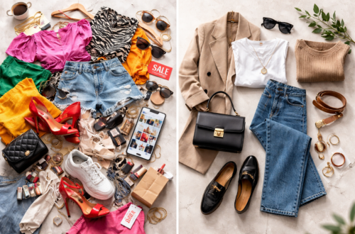 Split flat lay image showing fast fashion vs minimal wardrobe, with colourful trend-driven clothing clutter on one side and neutral capsule wardrobe essentials neatly arranged on the other.