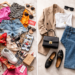Split flat lay image showing fast fashion vs minimal wardrobe, with colourful trend-driven clothing clutter on one side and neutral capsule wardrobe essentials neatly arranged on the other.