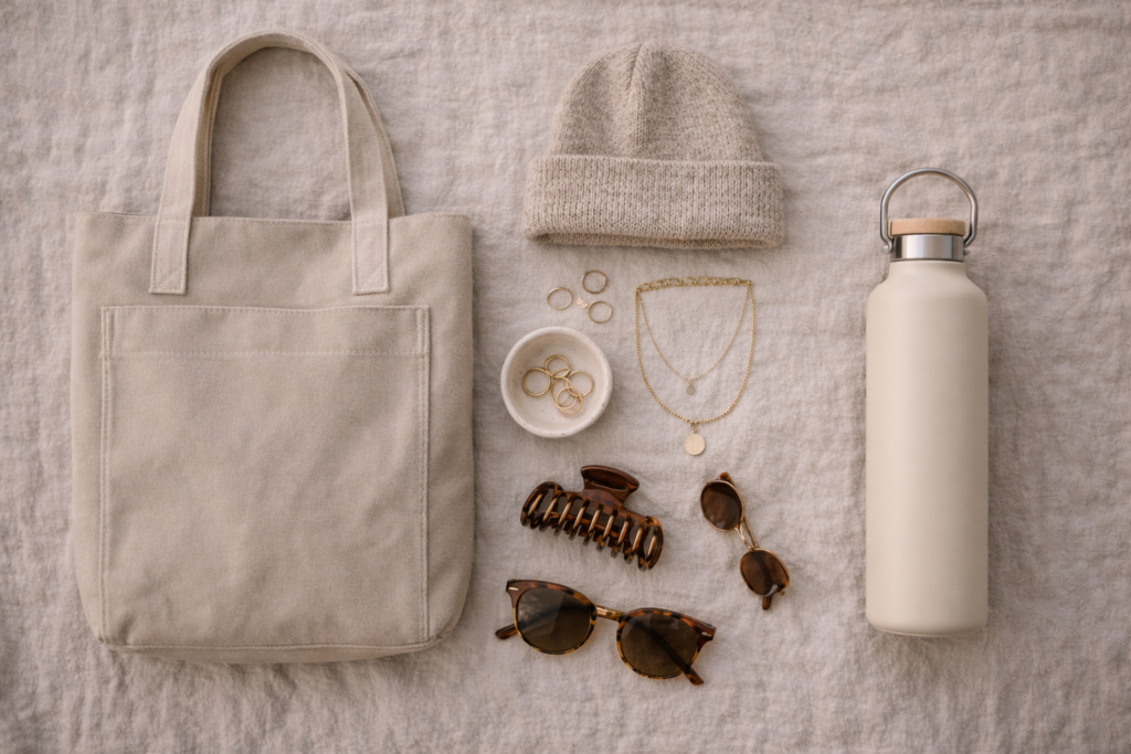 Granola girl aesthetic accessories including canvas tote bag, neutral beanie, layered gold jewelry, claw clip and reusable water bottle.