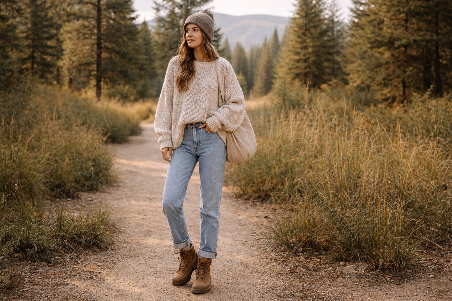 Woman wearing an oversized knit sweater, straight-leg jeans and hiking boots styled in a neutral earth-tone granola girl aesthetic outfit outdoors.
