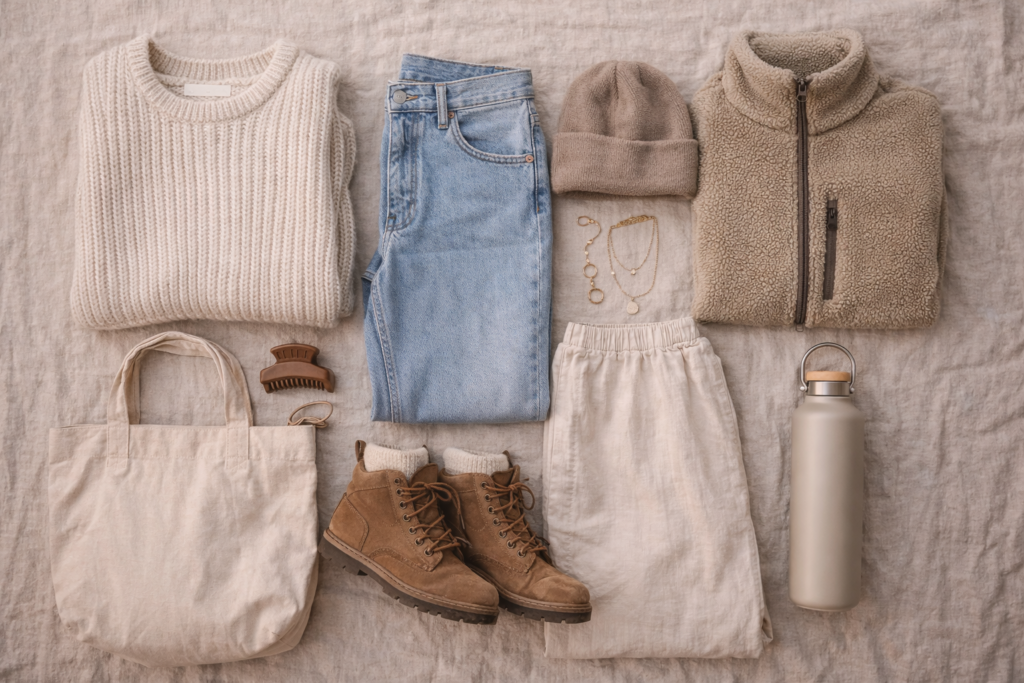 Granola girl capsule wardrobe flat lay featuring neutral knit sweater, straight denim, linen trousers, fleece jacket, hiking boots and earthy accessories.