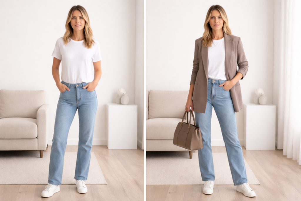 Before and after outfit transformation showing a basic t-shirt and jeans elevated with a blazer and structured handbag demonstrating the halo effect in fashion.