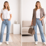 Before and after outfit transformation showing a basic t-shirt and jeans elevated with a blazer and structured handbag demonstrating the halo effect in fashion.