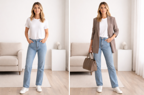 Before and after outfit transformation showing a basic t-shirt and jeans elevated with a blazer and structured handbag demonstrating the halo effect in fashion.