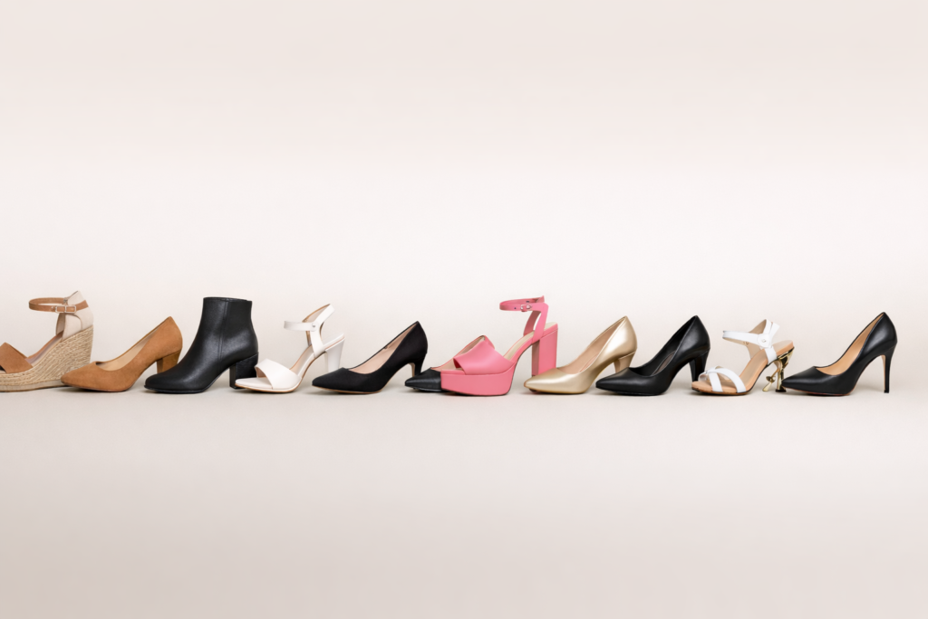 Different types of women’s heels ranked from most comfortable to least comfortable including wedge, block, kitten, platform and stiletto heels.