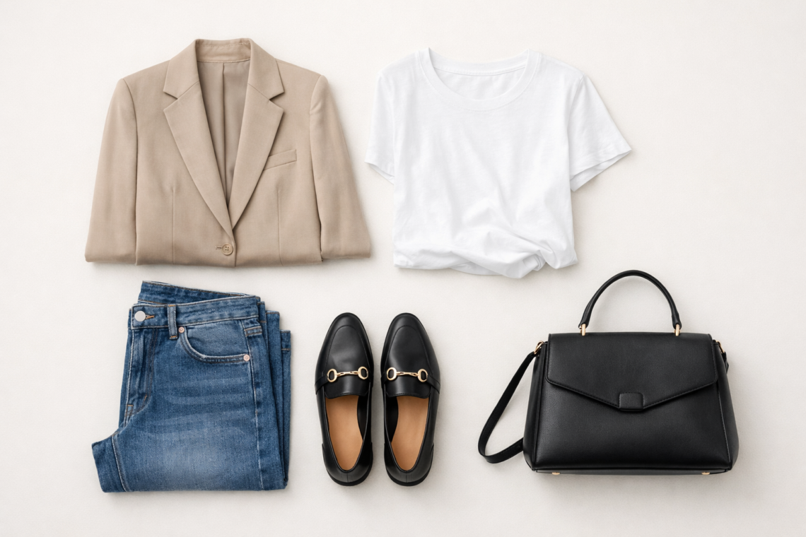 Neutral outfit flat lay showing high low styling formula with blazer, jeans, white t-shirt, loafers and structured bag styled in a minimalist overhead layout.