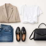 Neutral outfit flat lay showing high low styling formula with blazer, jeans, white t-shirt, loafers and structured bag styled in a minimalist overhead layout.