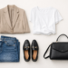 Neutral outfit flat lay showing high low styling formula with blazer, jeans, white t-shirt, loafers and structured bag styled in a minimalist overhead layout.