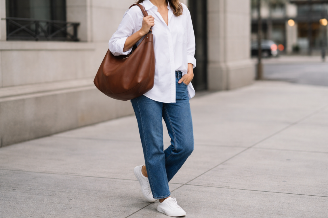 Woman wearing a relaxed everyday outfit with a slouchy brown leather hobo bag on shoulder, styled with white oversized shirt and straight-leg jeans on a clean city street.