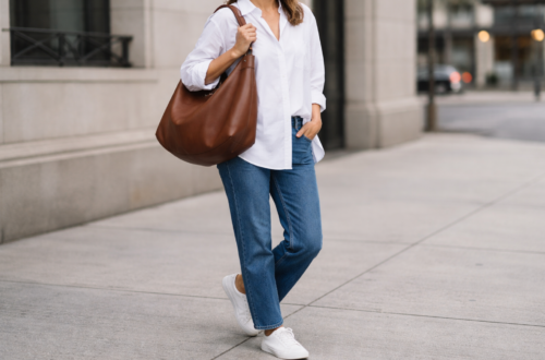 Woman wearing a relaxed everyday outfit with a slouchy brown leather hobo bag on shoulder, styled with white oversized shirt and straight-leg jeans on a clean city street.