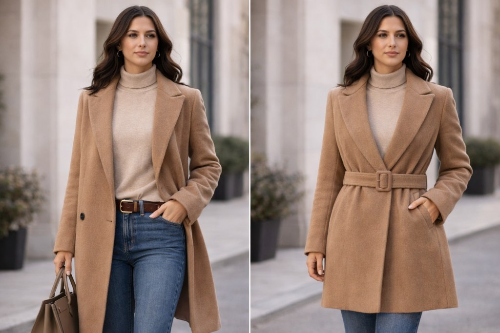 Before and after outfit showing how defining the waist with a belt or tuck creates a more flattering layered silhouette.