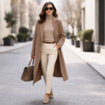 Woman wearing a streamlined layered outfit with a fitted base layer, knit and structured coat demonstrating how to layer clothes without looking bulky.