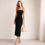 Minimalist black dress outfit styled with structured bag and neutral tones for everyday wear.