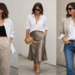 Woman wearing a white button-down shirt styled in a chic minimalist outfits with neutral tones, demonstrating versatile white shirt styling ideas.