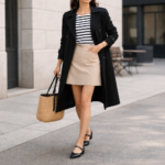 Woman wearing a striped top, beige mini skirt, and black coat styled with black Mary Jane ballet flats, carrying a woven tote bag in a modern city setting.