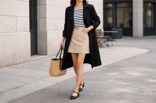 Woman wearing a striped top, beige mini skirt, and black coat styled with black Mary Jane ballet flats, carrying a woven tote bag in a modern city setting.