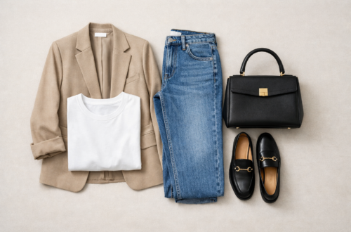 Minimal neutral outfit using wardrobe basics including white t-shirt, straight-leg jeans, blazer and loafers styled in a clean, effortless way.