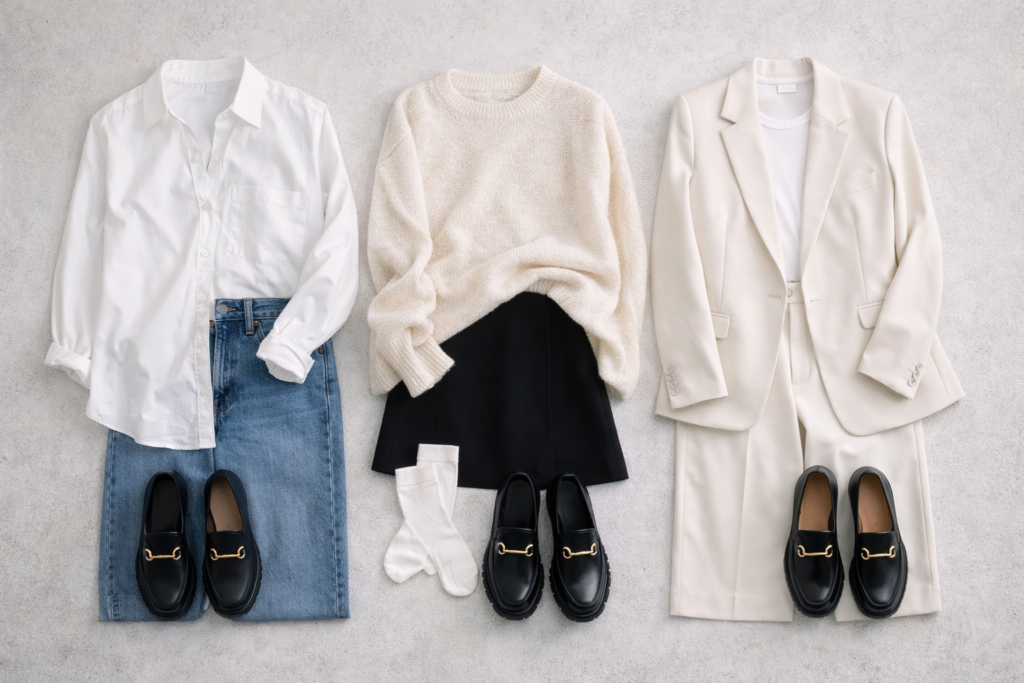 Visual guide showing different outfit formulas for styling loafers including jeans, skirts and tailored trousers.