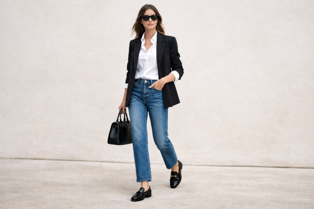 Woman wearing black loafers styled with straight-leg jeans, white button-down shirt and blazer in a polished everyday outfit.