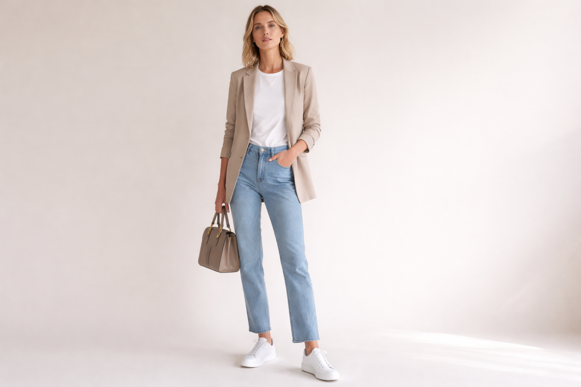 White sneakers styled with straight-leg jeans, white T-shirt and blazer in a clean minimalist outfit.
