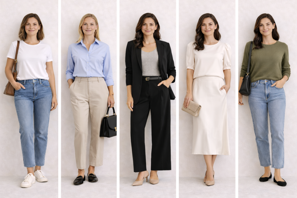 Five outfit formulas showing how to style women’s tops including t-shirt with jeans, button-down with trousers, tank with blazer, blouse with skirt and knit sweater with denim.