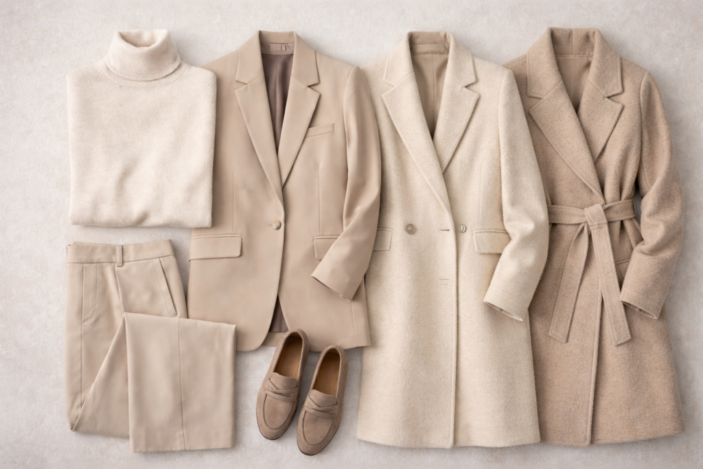Flat lay of layered outfit formula including turtleneck blazer coat trousers and loafers for a streamlined winter outfit