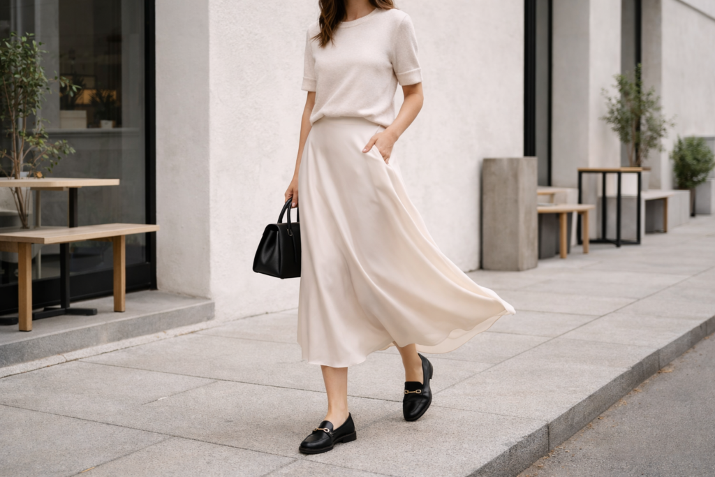 Black loafers styled with a midi skirt and knit top creating a soft and balanced feminine outfit.