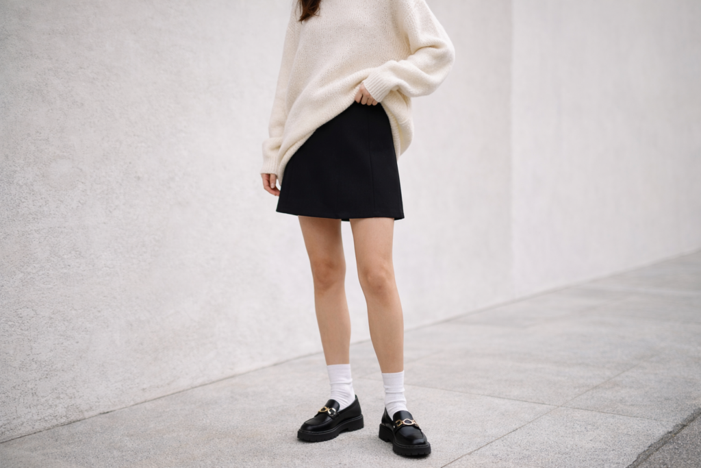 Loafers styled with a mini skirt and oversized sweater for a modern, balanced and playful outfit.