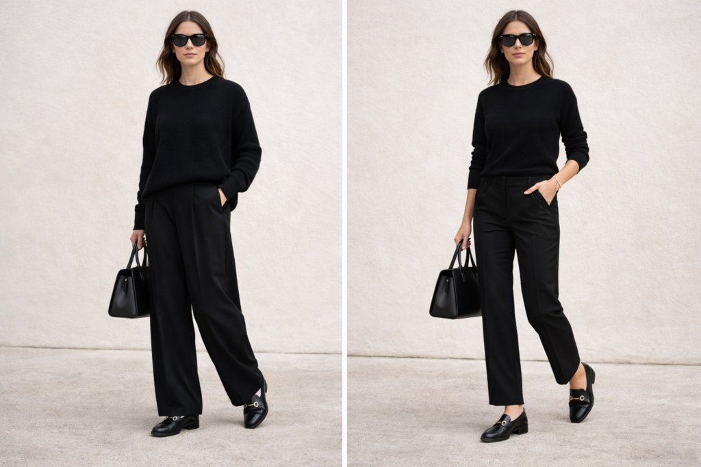 Side-by-side comparison of an unbalanced all-black loafers outfit versus a polished, well-proportioned loafers outfit.