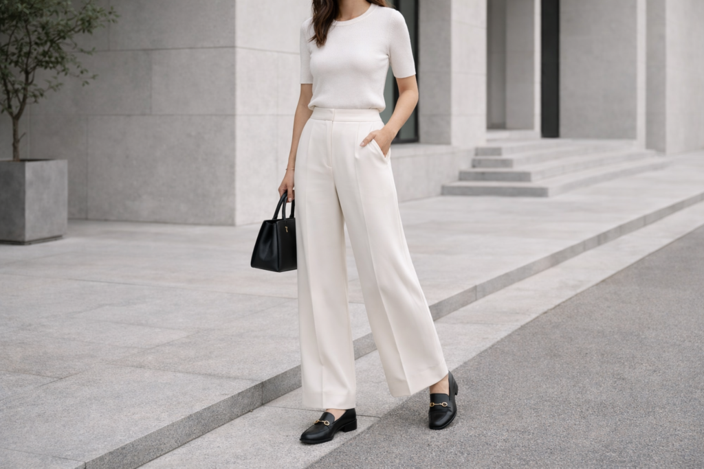 Black loafers styled with wide-leg trousers and a fitted top creating a balanced and polished silhouette.