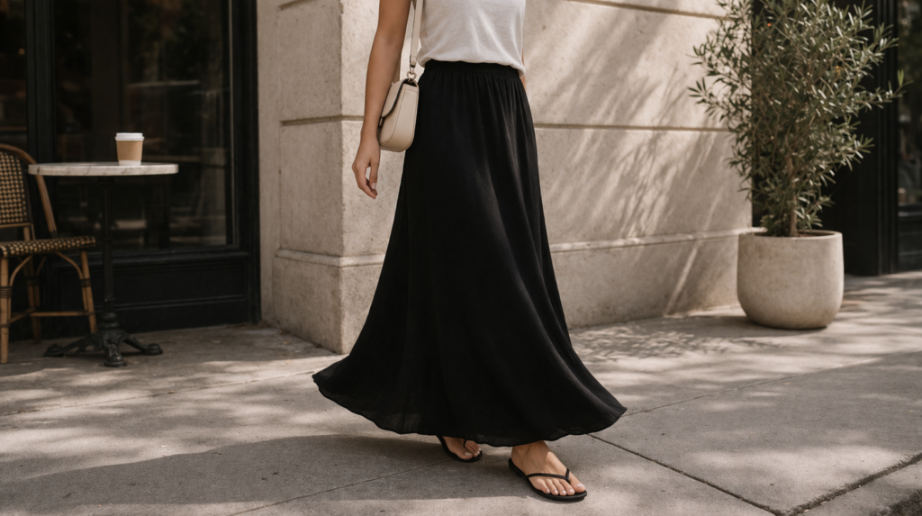 Woman wearing a black maxi skirt styled with a simple white top and minimal sandals showing the full-length ankle silhouette of a classic maxi skirt.