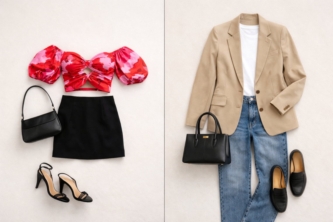 Flat lay fashion comparison showing a microtrend outfit with a bold statement top and mini skirt alongside a timeless style outfit featuring a neutral blazer, white t-shirt, straight-leg jeans, loafers, and a structured handbag on a neutral background.