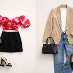 Flat lay fashion comparison showing a microtrend outfit with a bold statement top and mini skirt alongside a timeless style outfit featuring a neutral blazer, white t-shirt, straight-leg jeans, loafers, and a structured handbag on a neutral background.