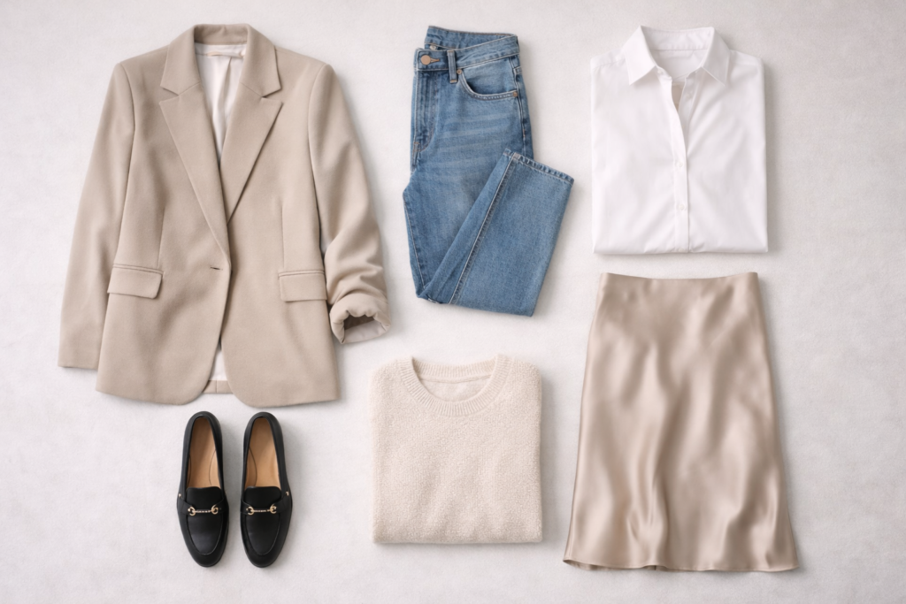 Minimalist wardrobe pieces including blazer, jeans, knit sweater and slip skirt arranged in a flat lay showing simple outfit formulas.