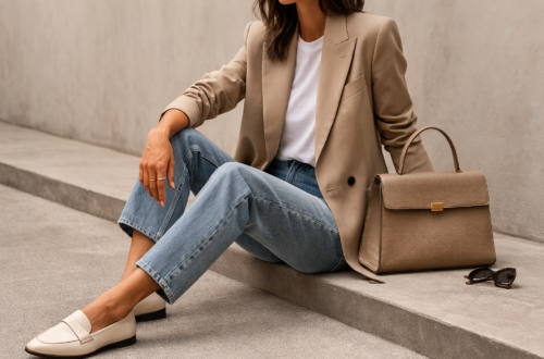 Minimalist outfit with blazer, white t-shirt and jeans styled with loafers showing a simple outfit idea that looks polished and expensive.