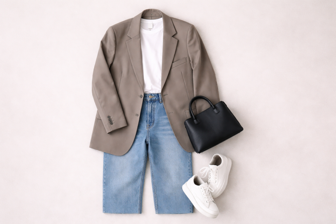 Model off duty style flat lay outfit featuring oversized neutral blazer, white T-shirt, straight-leg jeans, white sneakers and structured handbag on a minimal beige background.