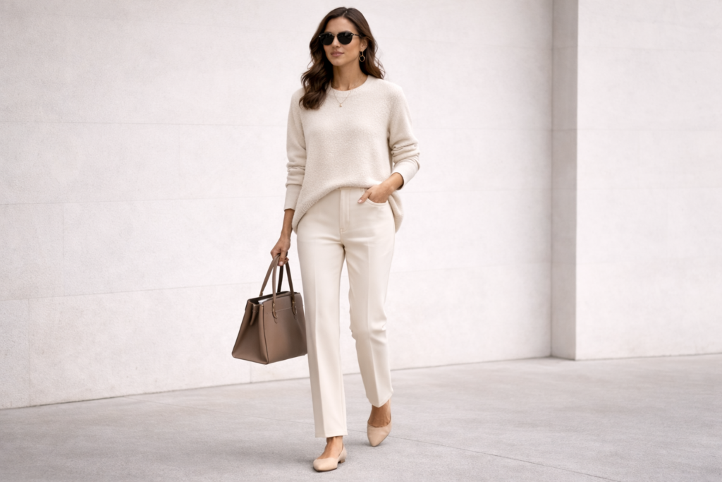 Neutral monochrome outfit with cream sweater and trousers showing a minimalist outfit idea that looks elegant and expensive.