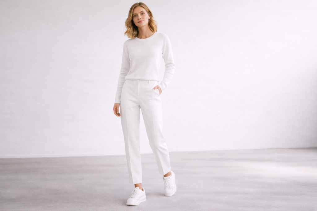 Neutral monochrome outfit styled with white sneakers adding clean contrast to a minimalist look.