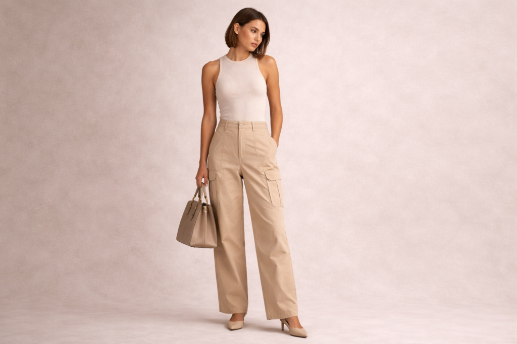 Neutral cargo pants outfit styled in a chic tonal colour palette.